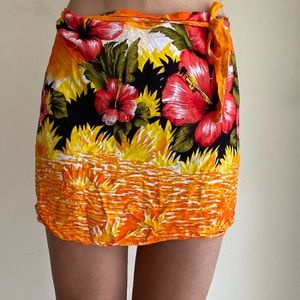 Vintage 90s orange tropical floral tie swimsuit beach coverup sarong wrap skirt
